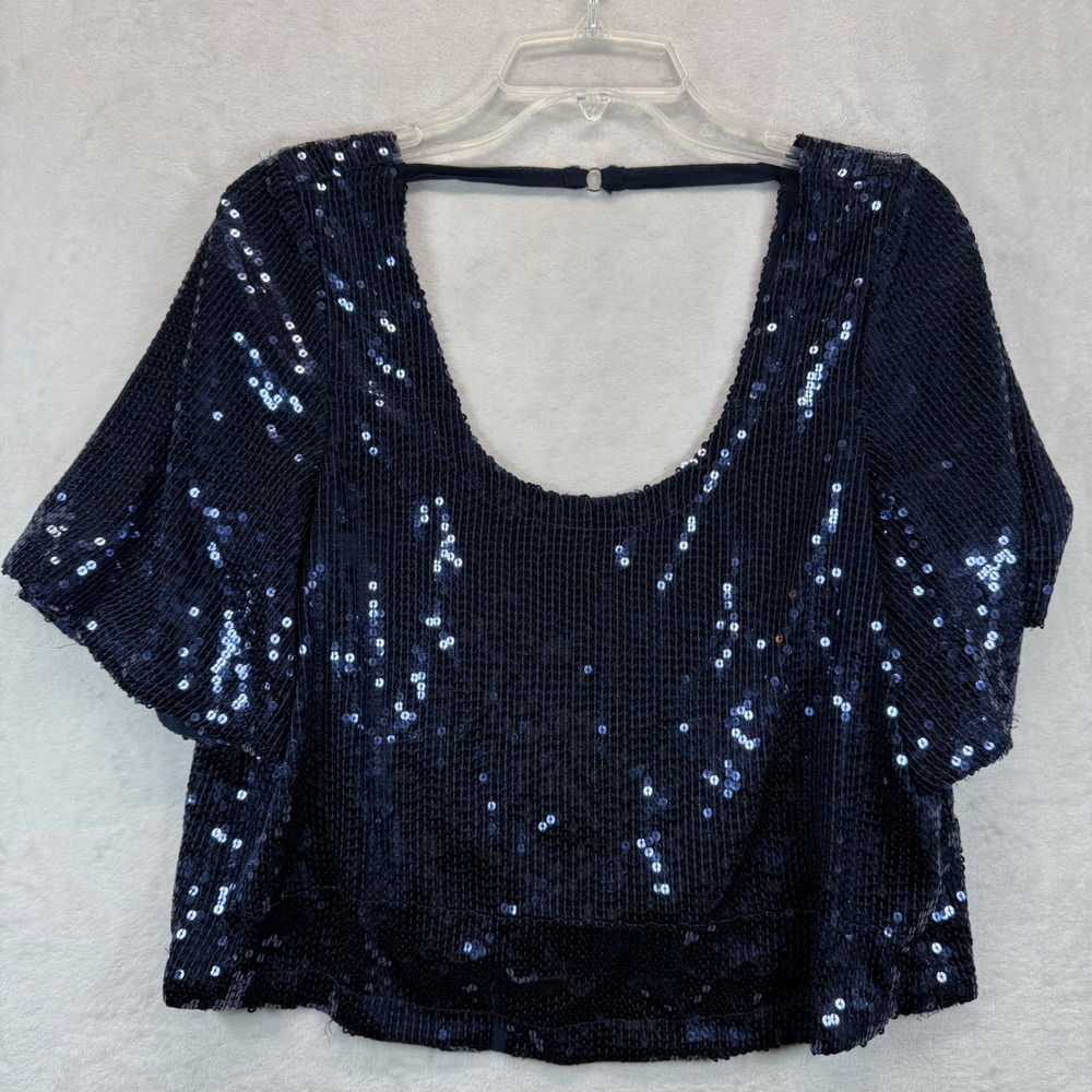 Free‎ People Sequin Top Party Blouse Sparkly Navy Blue Short Sleeve XS READ
